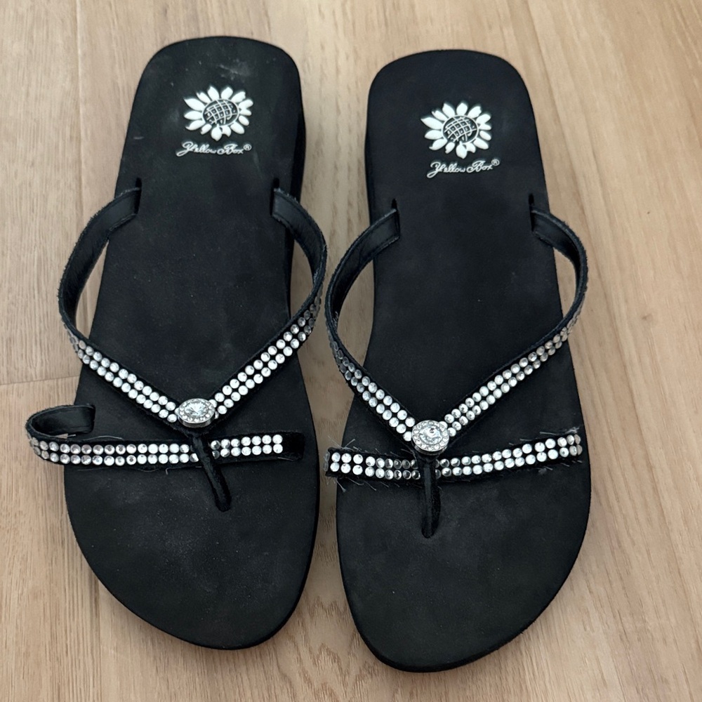 Yellow Box Black Rhinestone Strap Women's Sandals